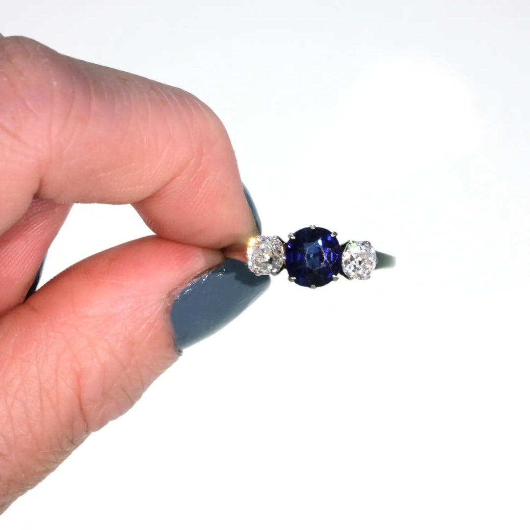 Art Deco Blue Sapphire Diamond 3 Stone Ring