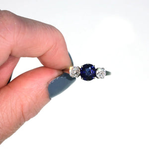 Art Deco Blue Sapphire Diamond 3 Stone Ring