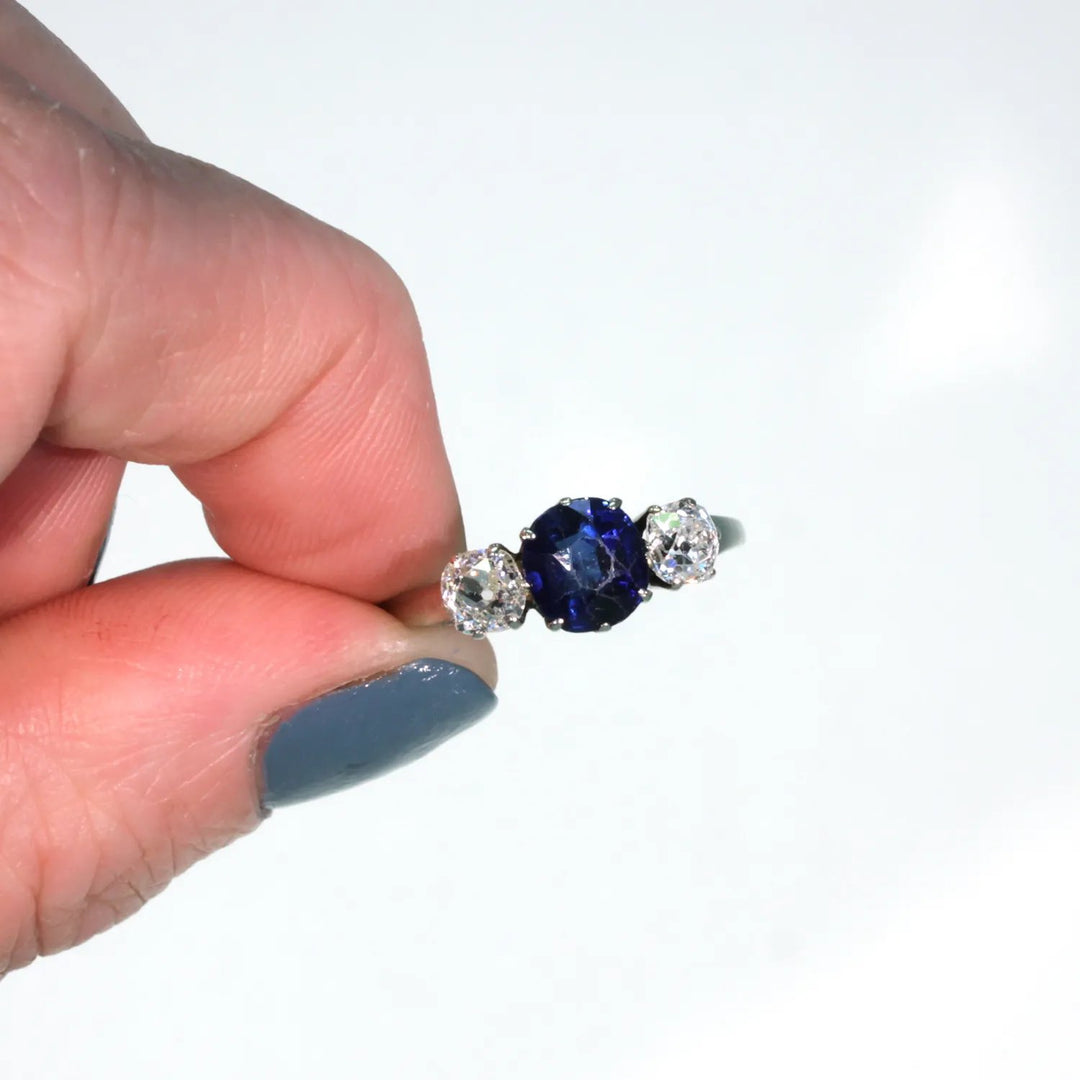 Art Deco Blue Sapphire Diamond 3 Stone Ring