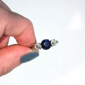 Art Deco Blue Sapphire Diamond 3 Stone Ring
