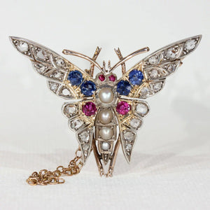 Art Deco Ruby Diamond Sapphire Pearl Brooch Pin Butterfly