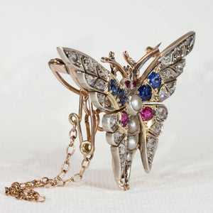 Art Deco Ruby Diamond Sapphire Pearl Brooch Pin Butterfly