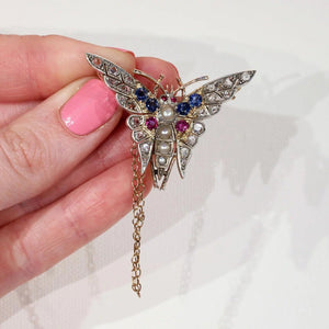 Art Deco Ruby Diamond Sapphire Pearl Brooch Pin Butterfly