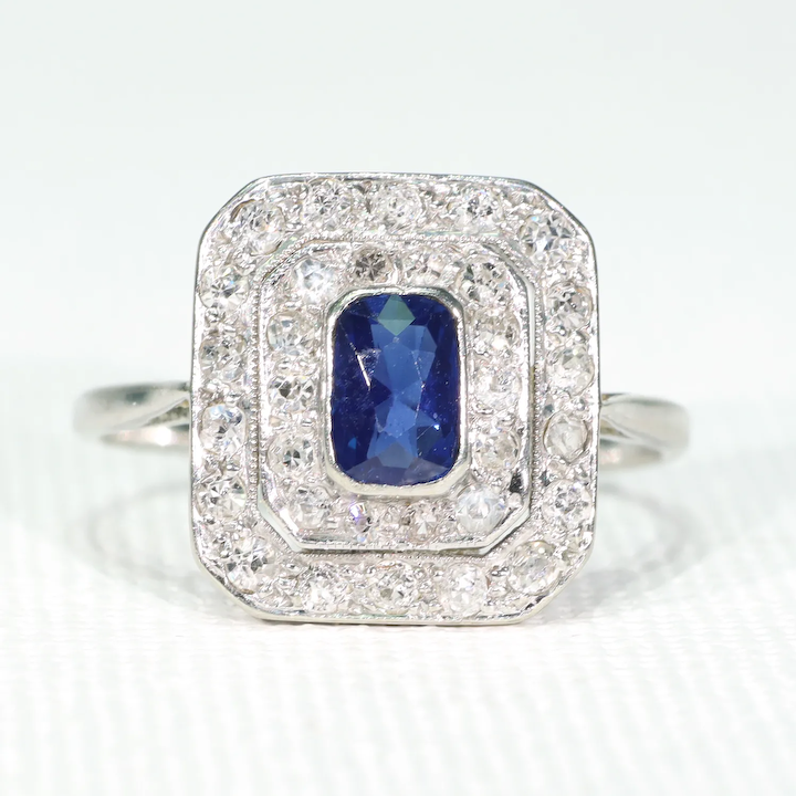 Art Deco Sapphire Diamond Target Ring Platinum