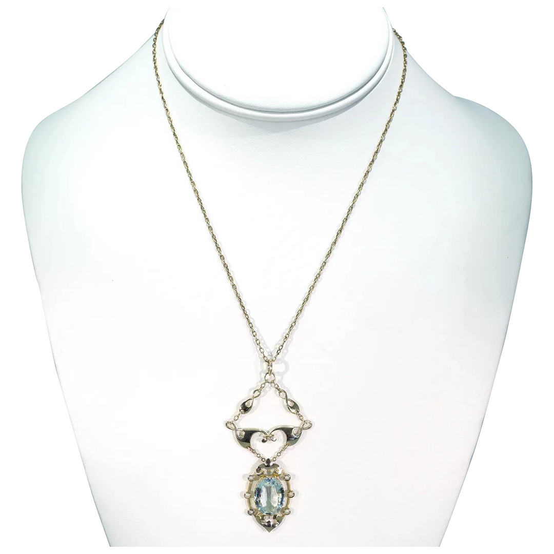 Art Nouveau 5ct Aquamarine Pearl Necklace Gold MB and Co