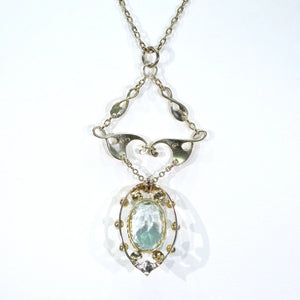 Art Nouveau 5ct Aquamarine Pearl Necklace Gold MB and Co