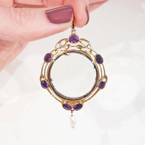 Art Nouveau Amethyst Pearl Frame Locket Gold