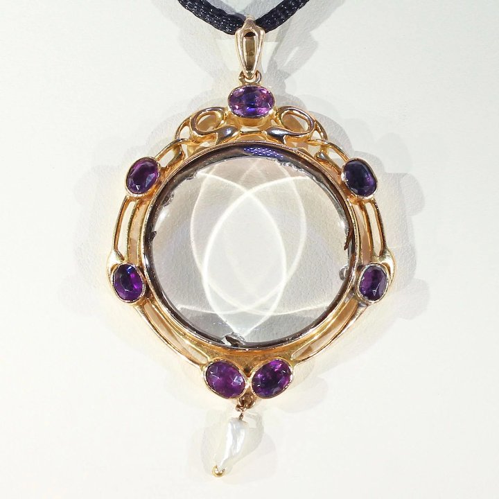 Art Nouveau Amethyst Pearl Frame Locket Gold