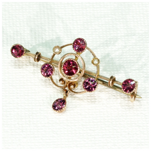 Art Nouveau Garnet Pearl Gold Bar Brooch