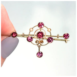 Art Nouveau Garnet Pearl Gold Bar Brooch