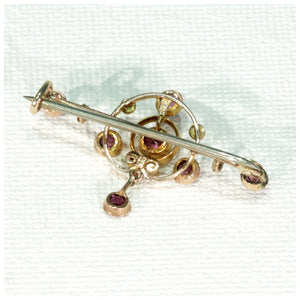Art Nouveau Garnet Pearl Gold Bar Brooch