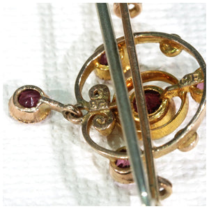 Art Nouveau Garnet Pearl Gold Bar Brooch