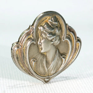 Art Nouveau Jugendstil Silver Brooch Pin Woman in Profile