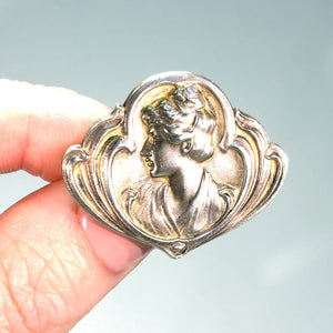 Art Nouveau Jugendstil Silver Brooch Pin Woman in Profile