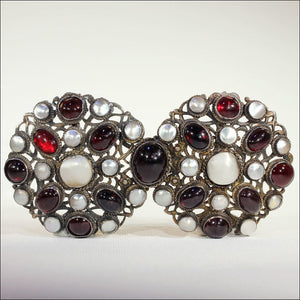 Antique Silver Belt Buckle, Austro-Hungarian Garnet and Mother of Pearl, c.1870