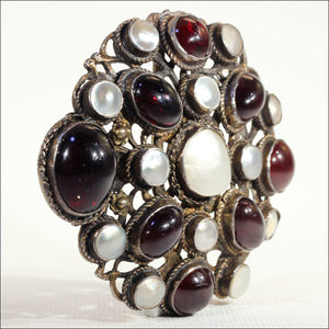 Antique Silver Belt Buckle, Austro-Hungarian Garnet and Mother of Pearl, c.1870