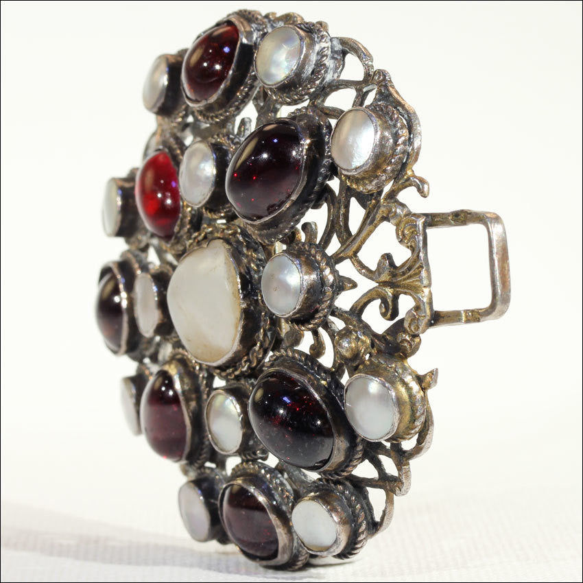 Antique Silver Belt Buckle, Austro-Hungarian Garnet and Mother of Pearl, c.1870