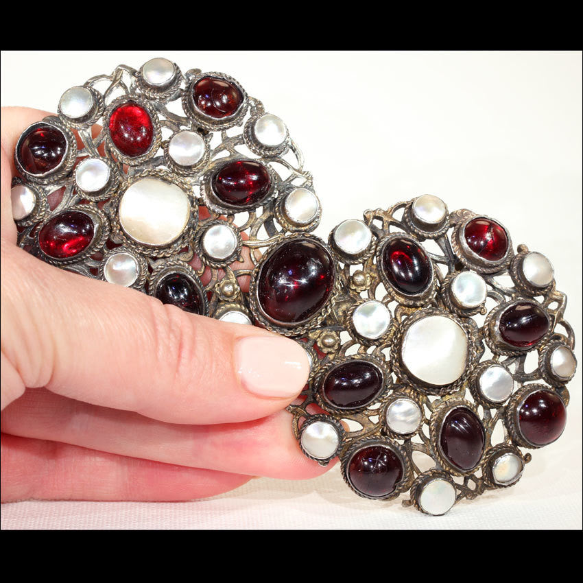 Antique Silver Belt Buckle, Austro-Hungarian Garnet and Mother of Pearl, c.1870