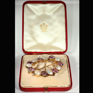 Antique Arts & Crafts Era Buckle or Sash Pin, 15k Gold with Amethyst and Blister Pearl