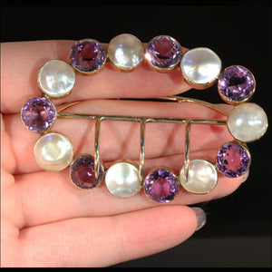 Antique Arts & Crafts Era Buckle or Sash Pin, 15k Gold with Amethyst and Blister Pearl