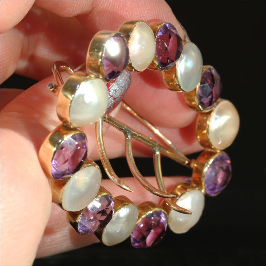 Antique Arts & Crafts Era Buckle or Sash Pin, 15k Gold with Amethyst and Blister Pearl