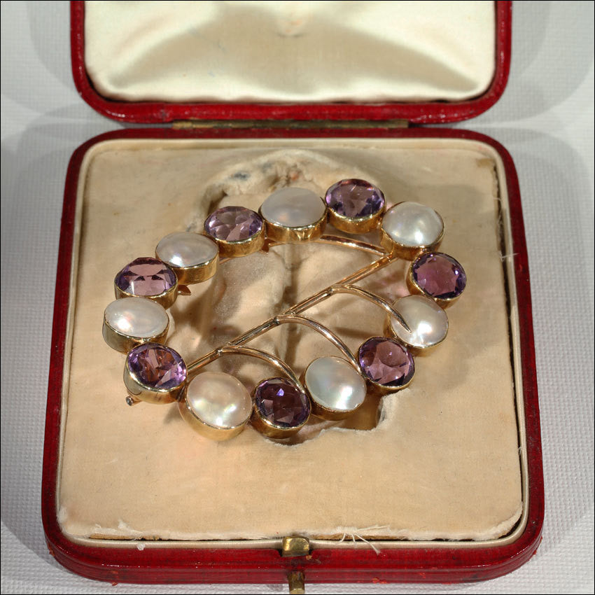 Antique Arts & Crafts Era Buckle or Sash Pin, 15k Gold with Amethyst and Blister Pearl