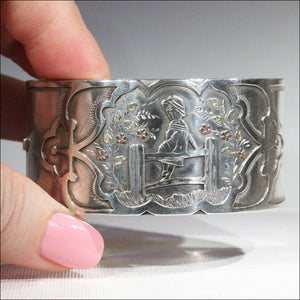 Antique Victorian Kate Greenaway Silver Bangle with Gold Accents