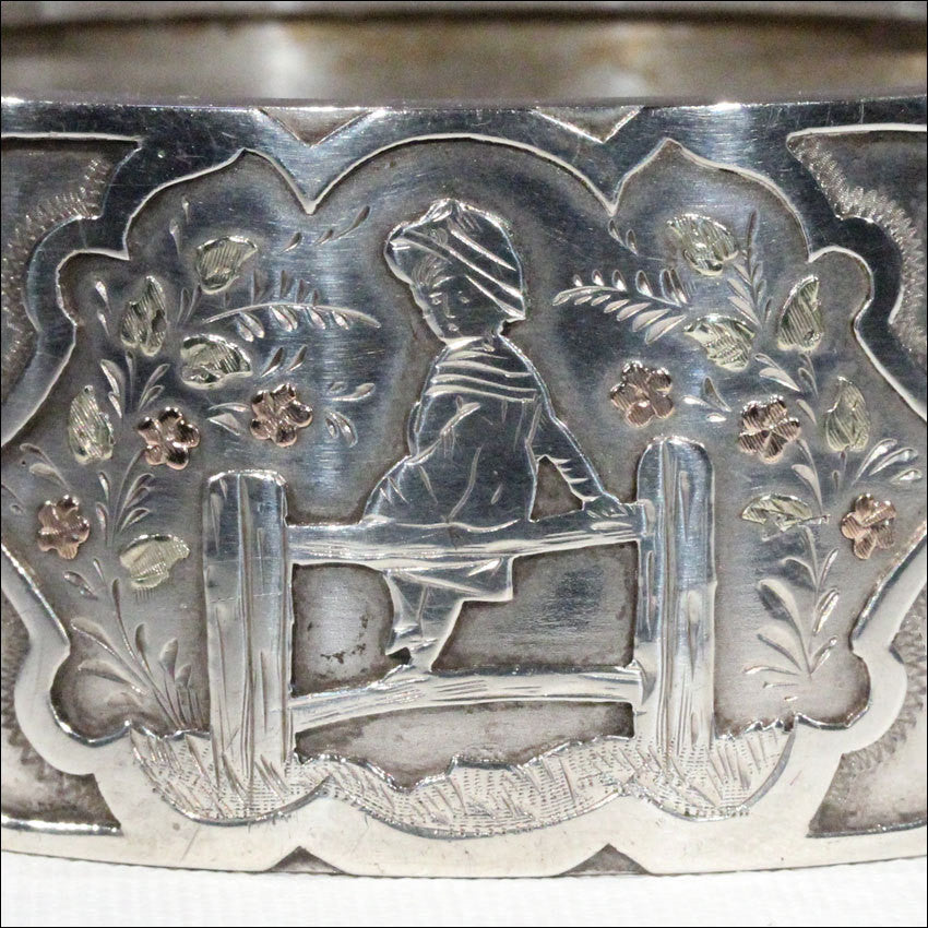 Antique Victorian Kate Greenaway Silver Bangle with Gold Accents