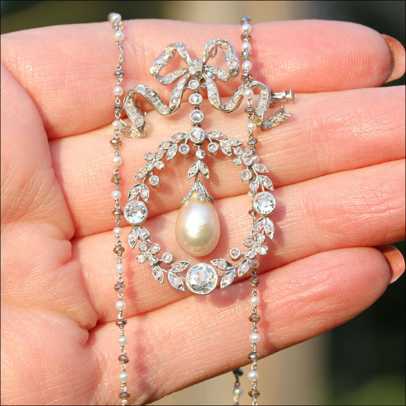 Edwardian Diamond, Pearl and Platinum Pendant Brooch, Garland Era Convertible