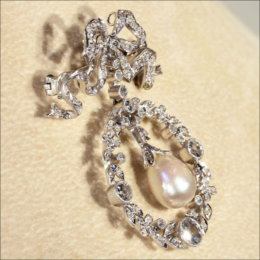 Edwardian Diamond, Pearl and Platinum Pendant Brooch, Garland Era Convertible