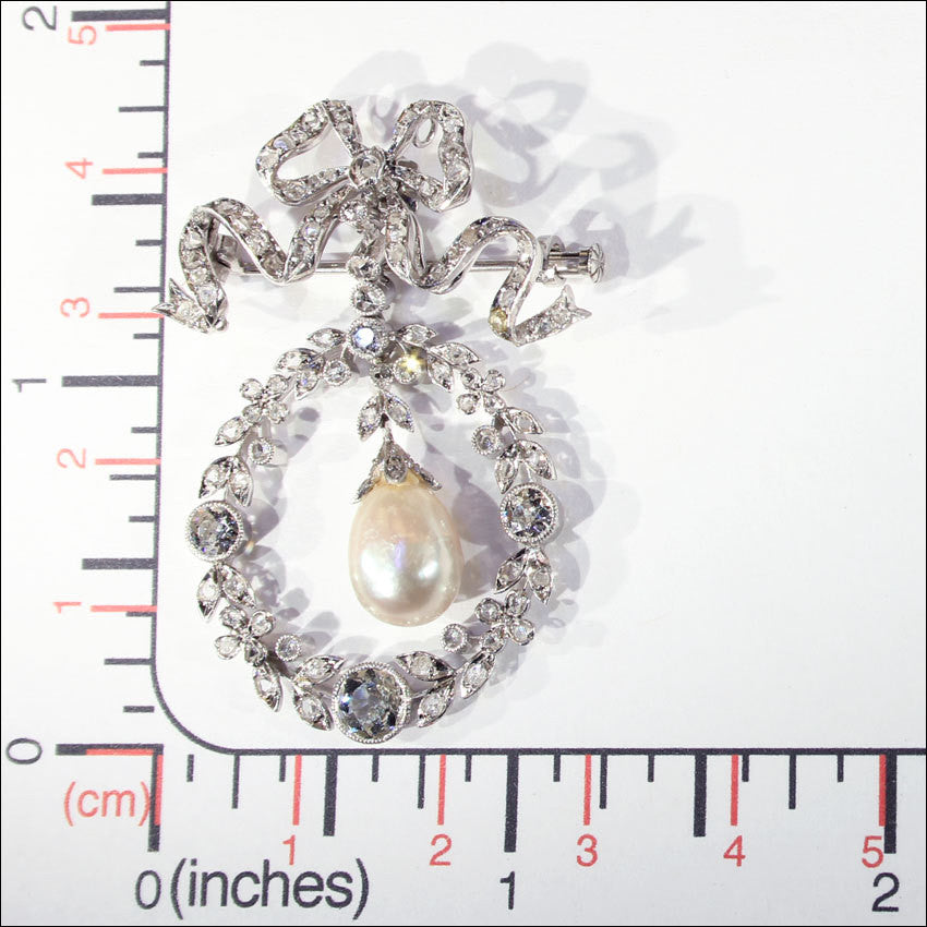 Edwardian Diamond, Pearl and Platinum Pendant Brooch, Garland Era Convertible