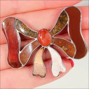 Antique Scottish Pebble Bow Brooch, Victorian c. 1890, Agate and Sterling Silver