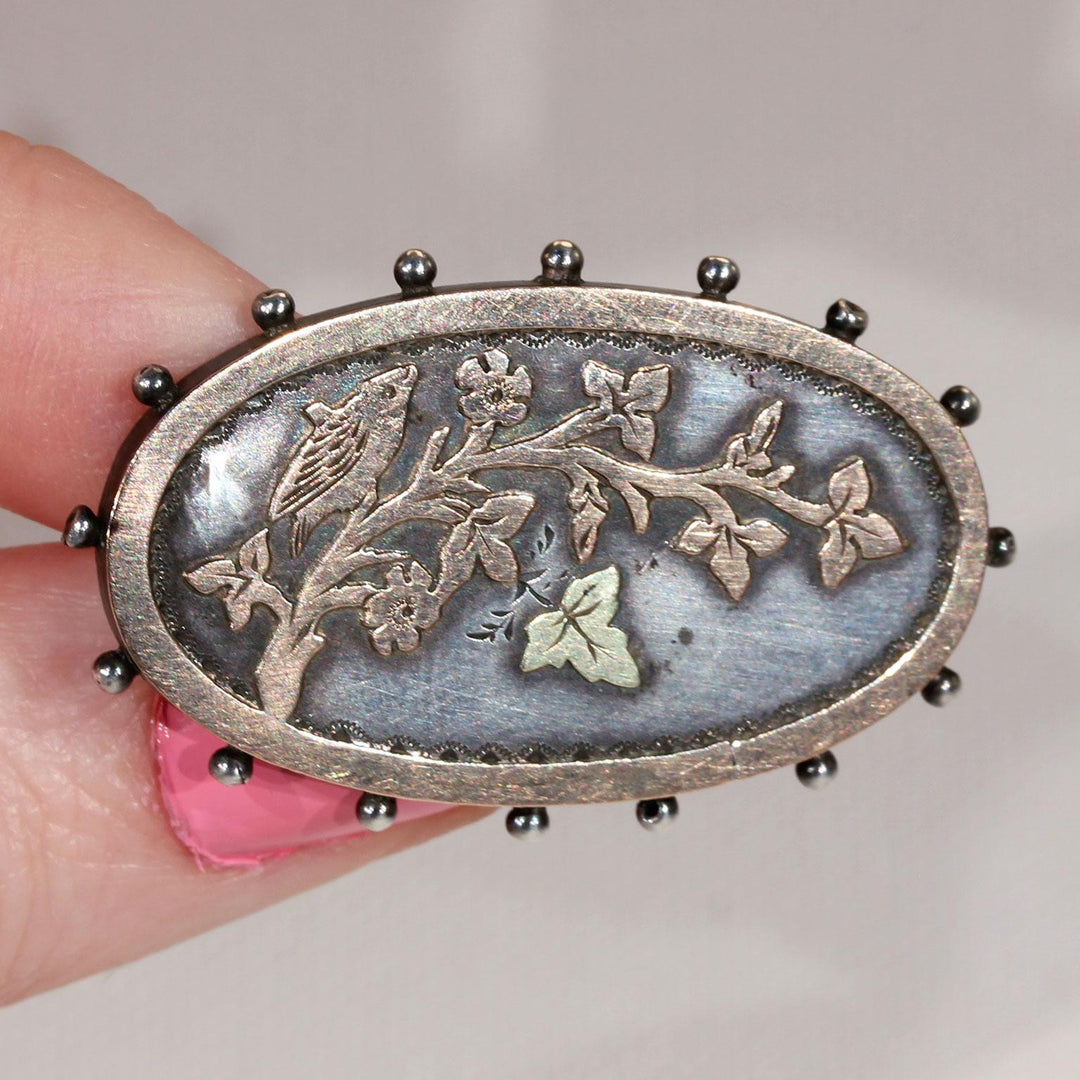Victorian Silver Bird on Branch Brooch Pin Gold Accents