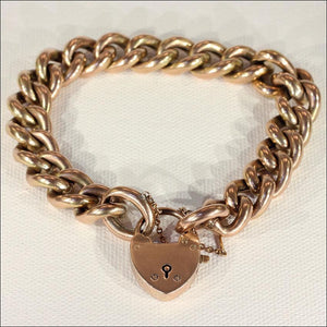 Lovely Antique 9k Rose Gold Curb Link Bracelet with Heart Lock Clasp