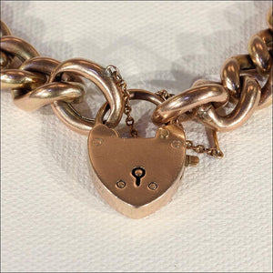 Lovely Antique 9k Rose Gold Curb Link Bracelet with Heart Lock Clasp