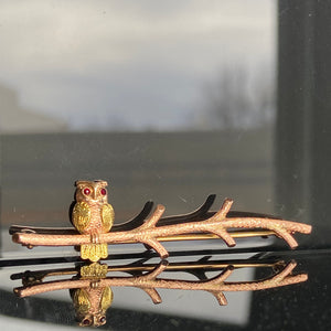 Vintage Owl on Branch Brooch Pin Two Tone Gold Garnet