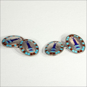 Vintage Art Deco Egyptian Revival Cufflinks, Sterling Silver and Enamel