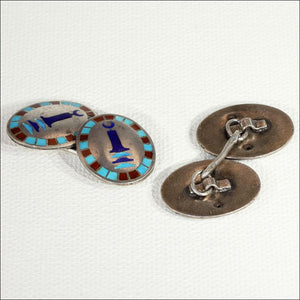 Vintage Art Deco Egyptian Revival Cufflinks, Sterling Silver and Enamel