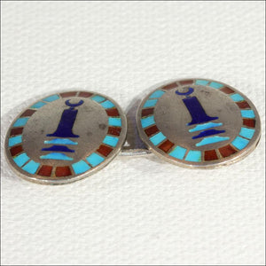 Vintage Art Deco Egyptian Revival Cufflinks, Sterling Silver and Enamel