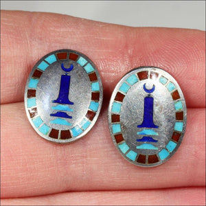 Vintage Art Deco Egyptian Revival Cufflinks, Sterling Silver and Enamel