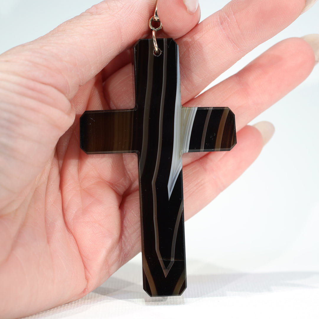 Antique Victorian Banded Agate Carved Cross Pendant
