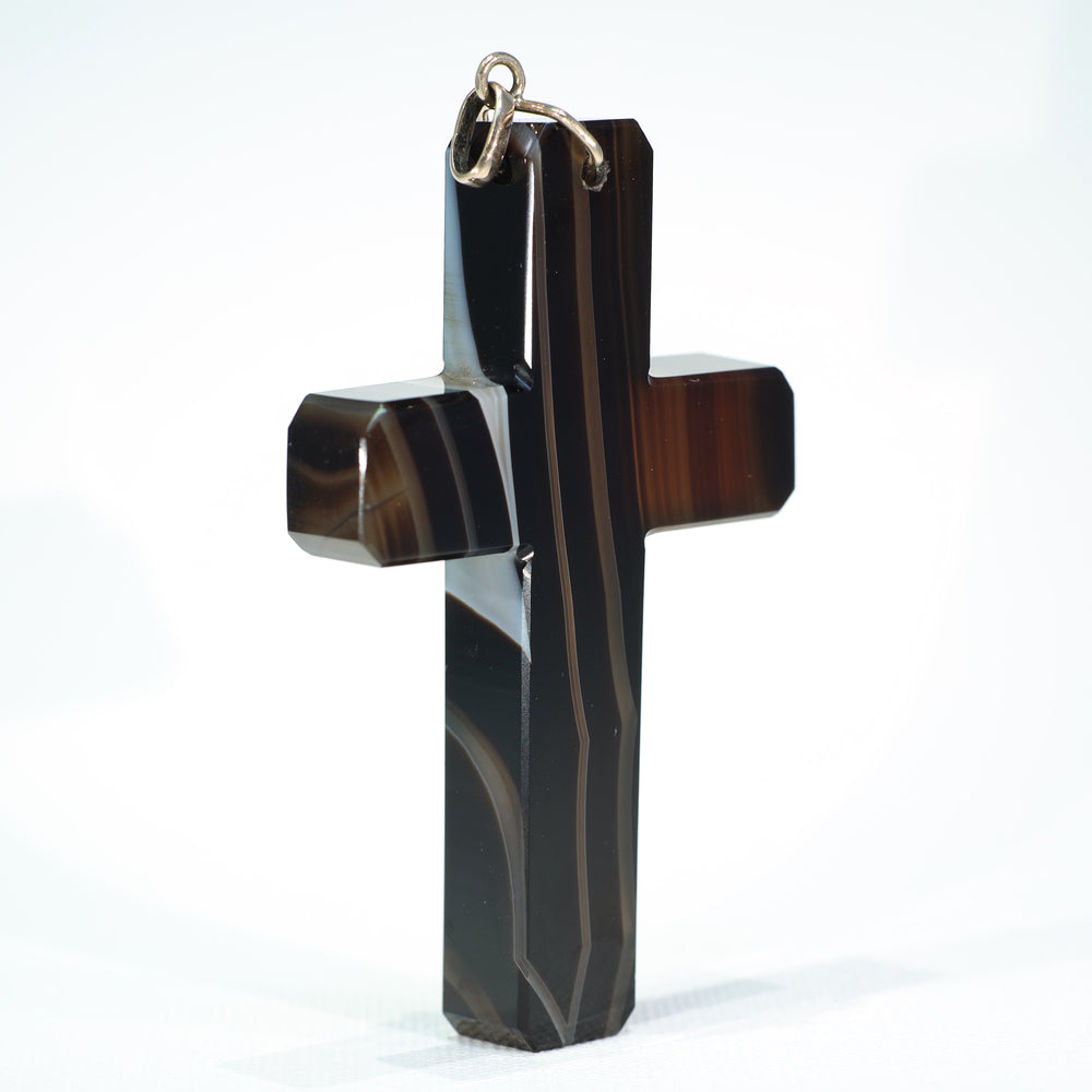 Antique Victorian Banded Agate Carved Cross Pendant