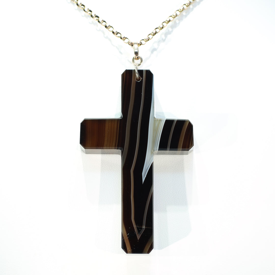 Antique Victorian Banded Agate Carved Cross Pendant