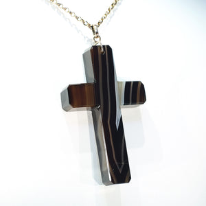 Antique Victorian Banded Agate Carved Cross Pendant