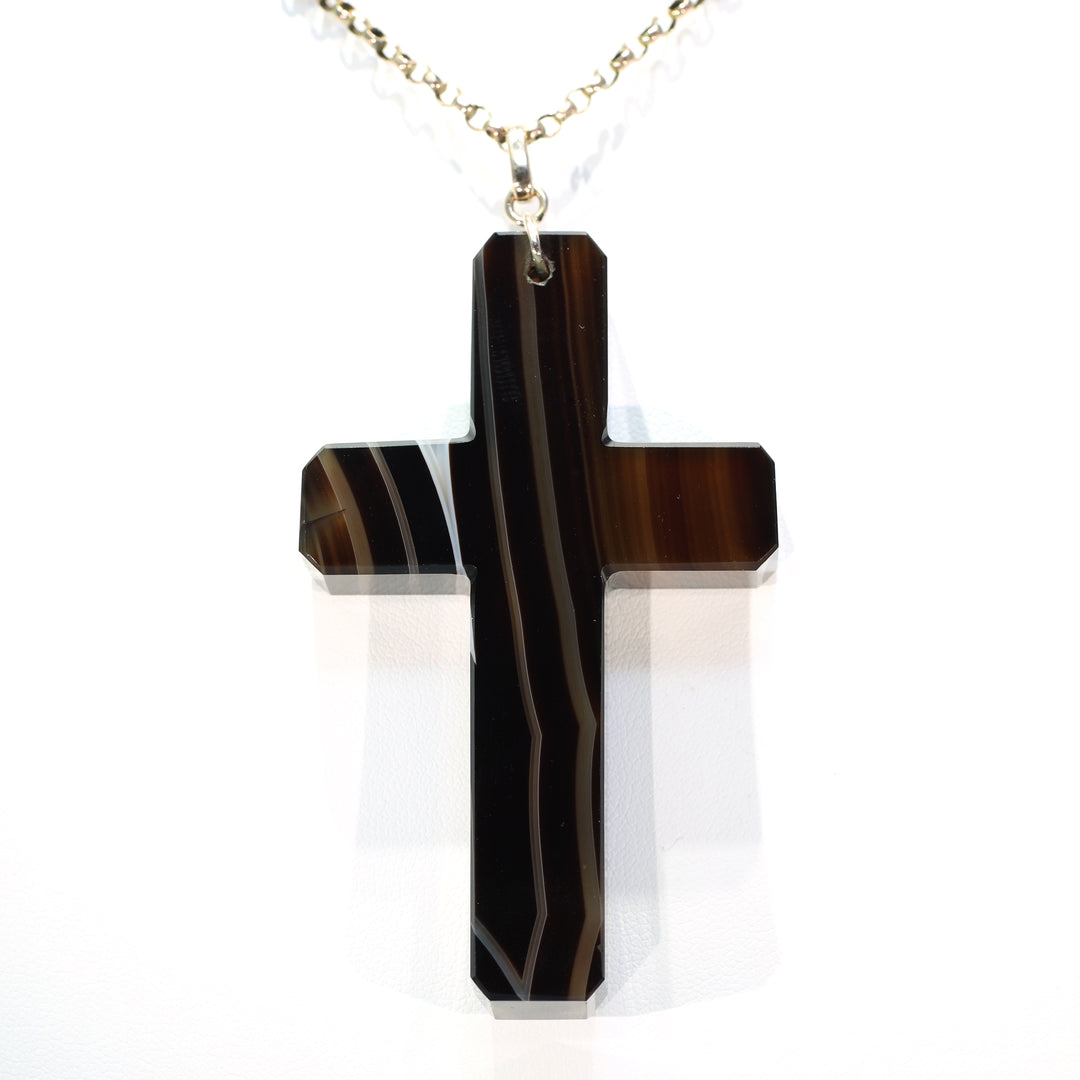 Antique Victorian Banded Agate Carved Cross Pendant
