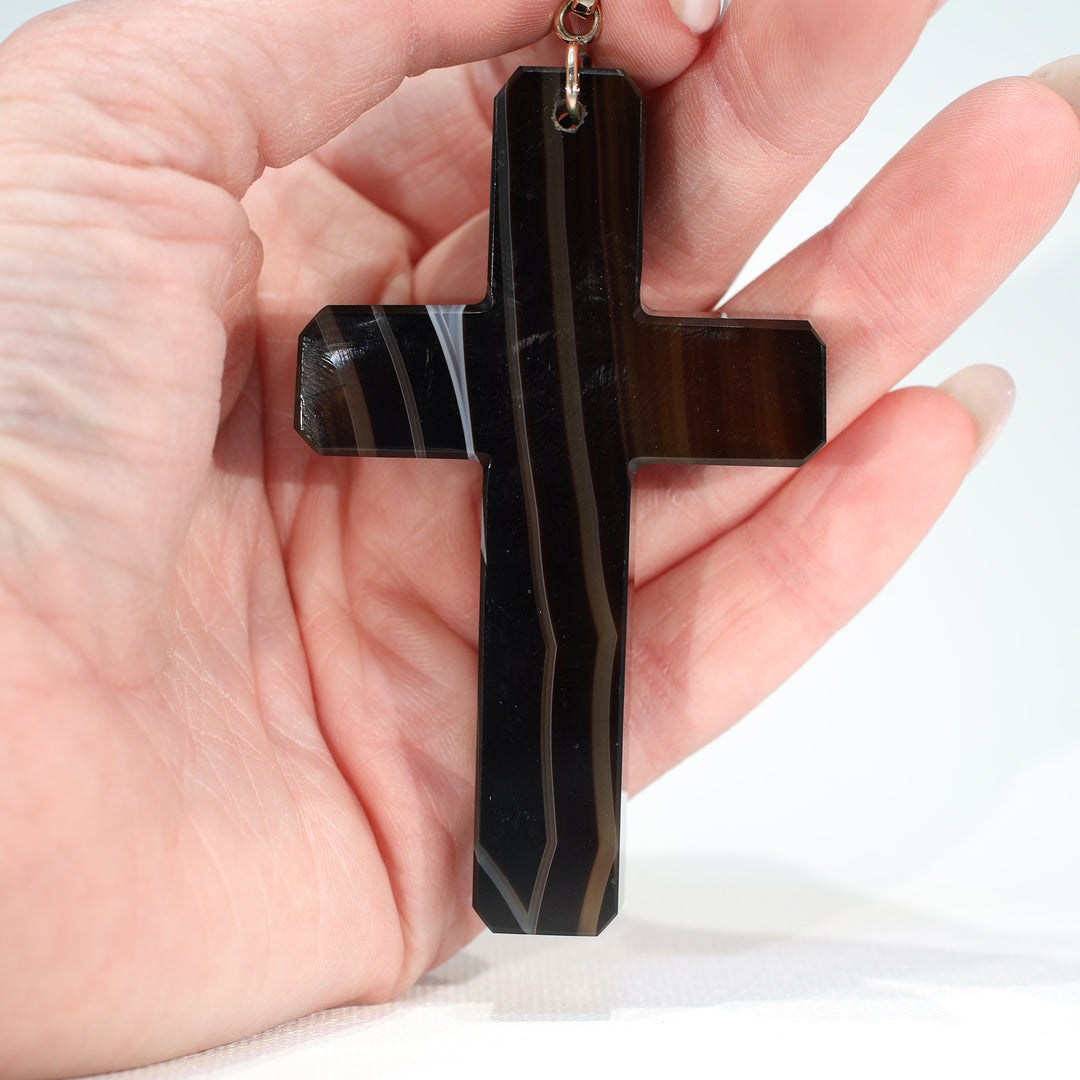 Antique Victorian Banded Agate Carved Cross Pendant
