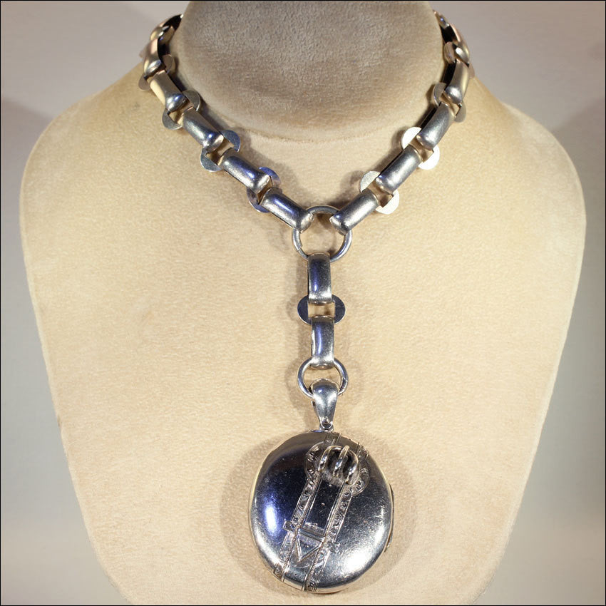 Antique Victorian Collar and Locket Necklace with Buckle Motif Locket in Sterling Silver