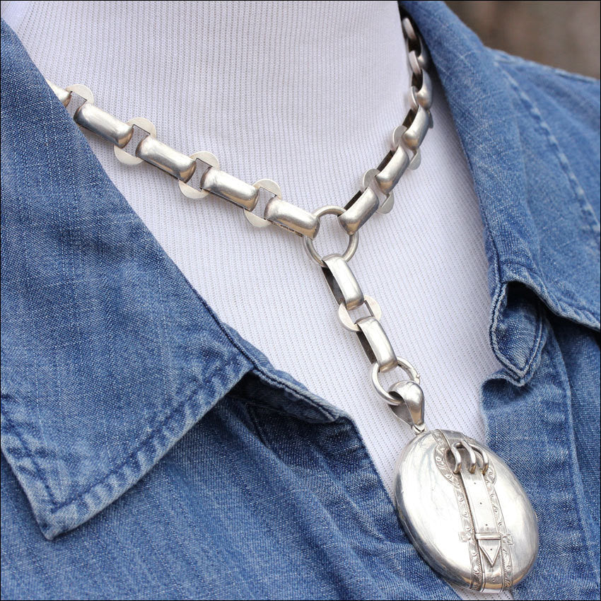 Antique Victorian Collar and Locket Necklace with Buckle Motif Locket in Sterling Silver