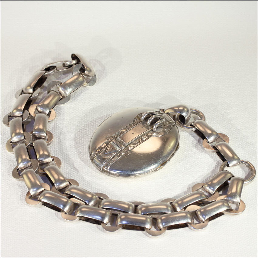 Antique Victorian Collar and Locket Necklace with Buckle Motif Locket in Sterling Silver