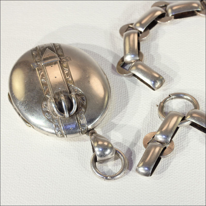 Antique Victorian Collar and Locket Necklace with Buckle Motif Locket in Sterling Silver